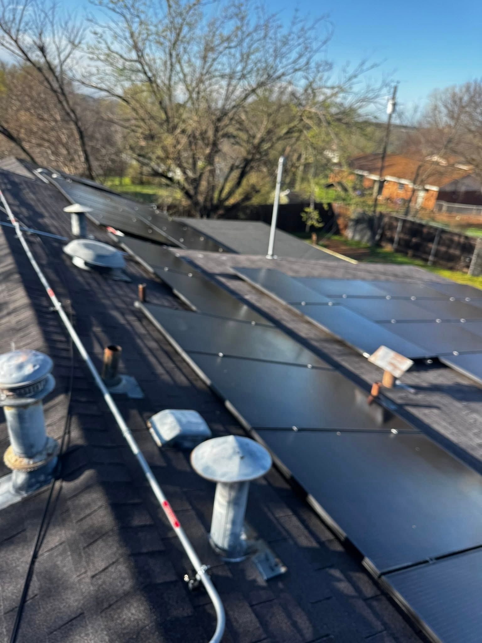 Rooftop solar panels on a sloped roof beside vents and trees on a clear day
