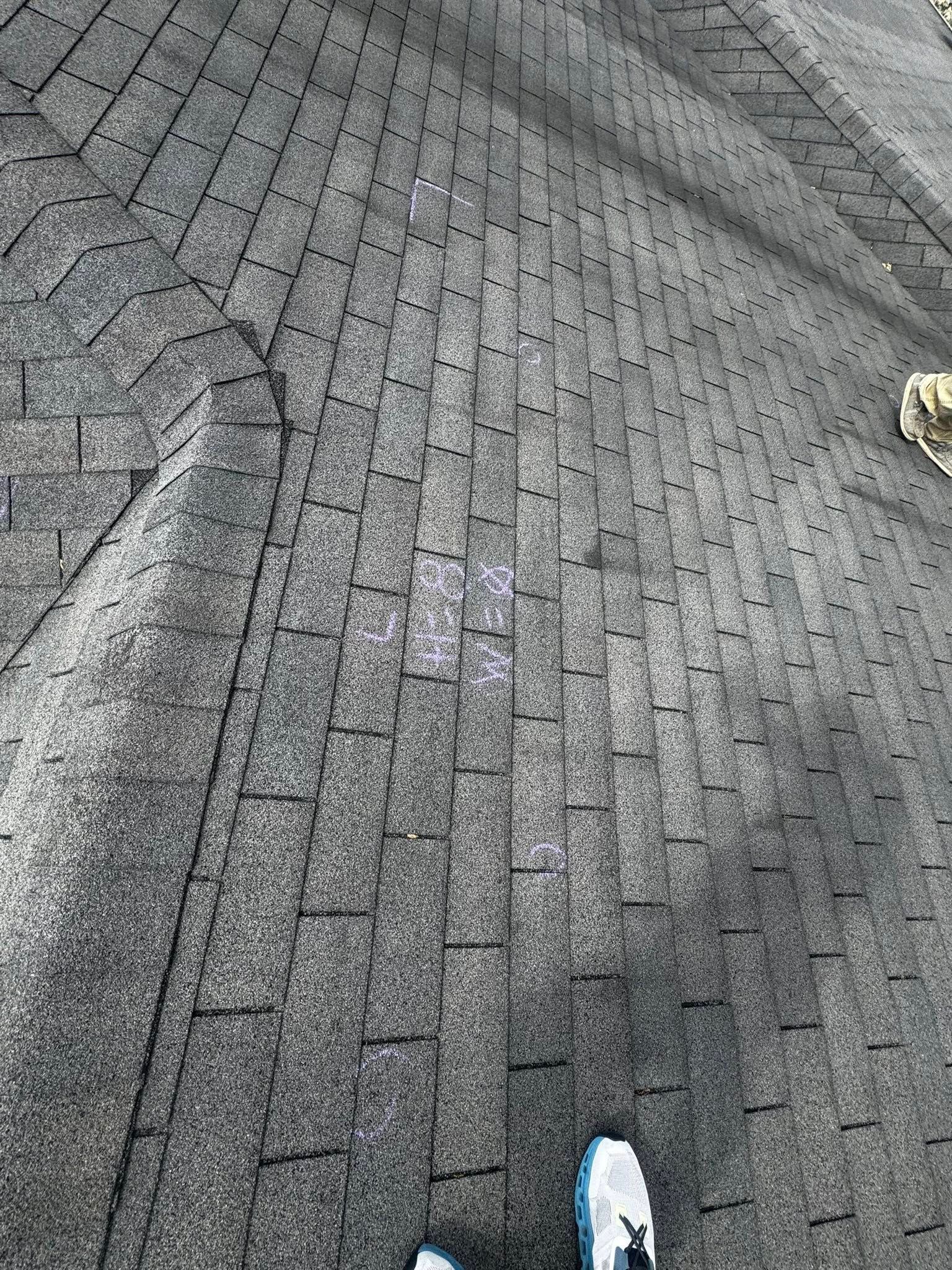 View of a gray shingled roof from above, with a shoe visible at the bottom edge.