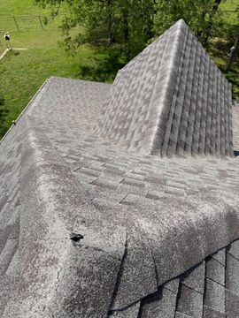 Gray shingled roof with a steep triangular dormer beside green grass and trees