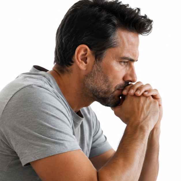 A man sitting with his hands clasped, looking thoughtful