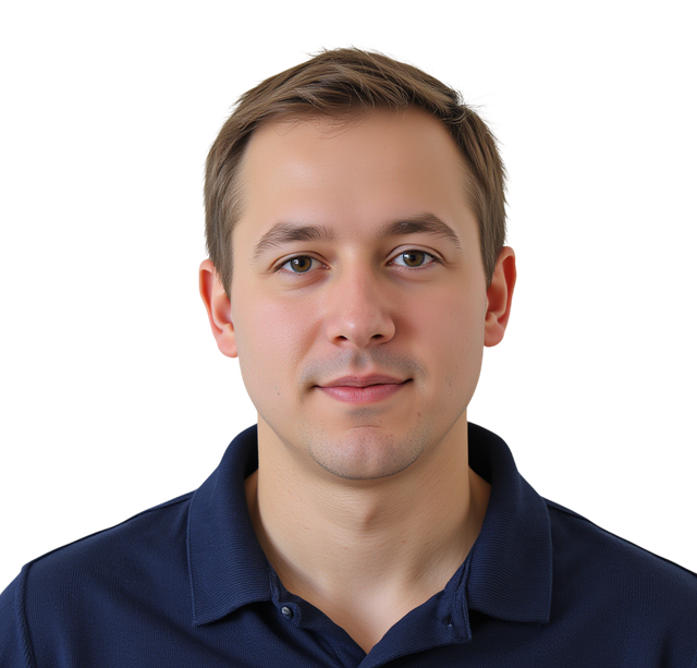 A young man in a navy polo shirt