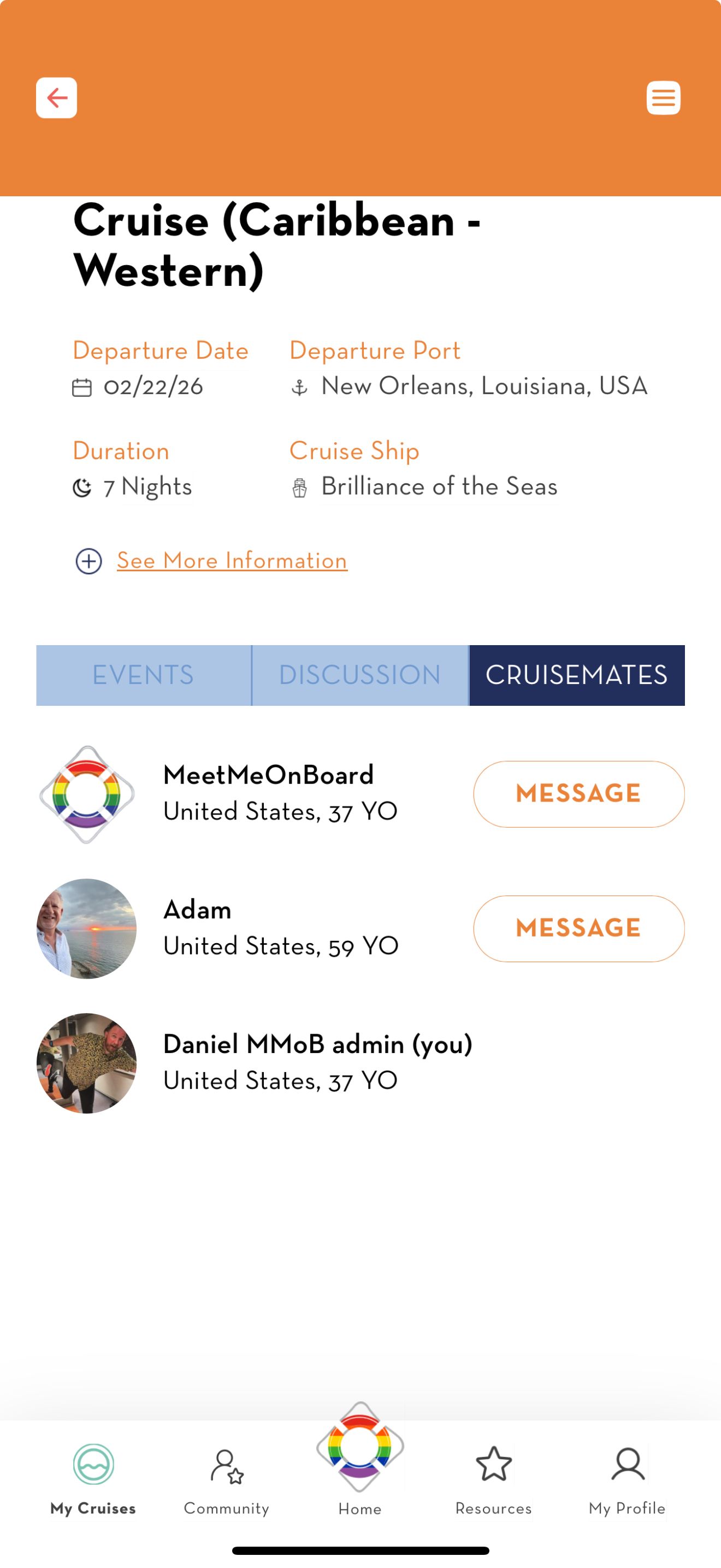 Screenshot of the meet me onboard app within a specific cruise where you can see the cruisemates who have joined the sailing and where you can choose to connect with them.
