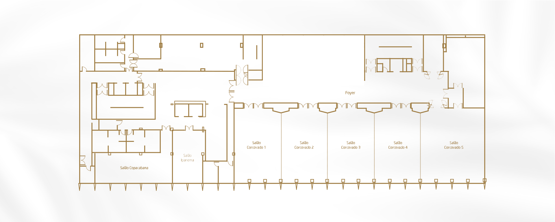 Planta baixa do interior de um edifício com cômodos, portas e corredores em um desenho técnico.