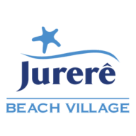 Logotipo da Jurerê Beach Village em azul com detalhes estilizados de estrela e onda.