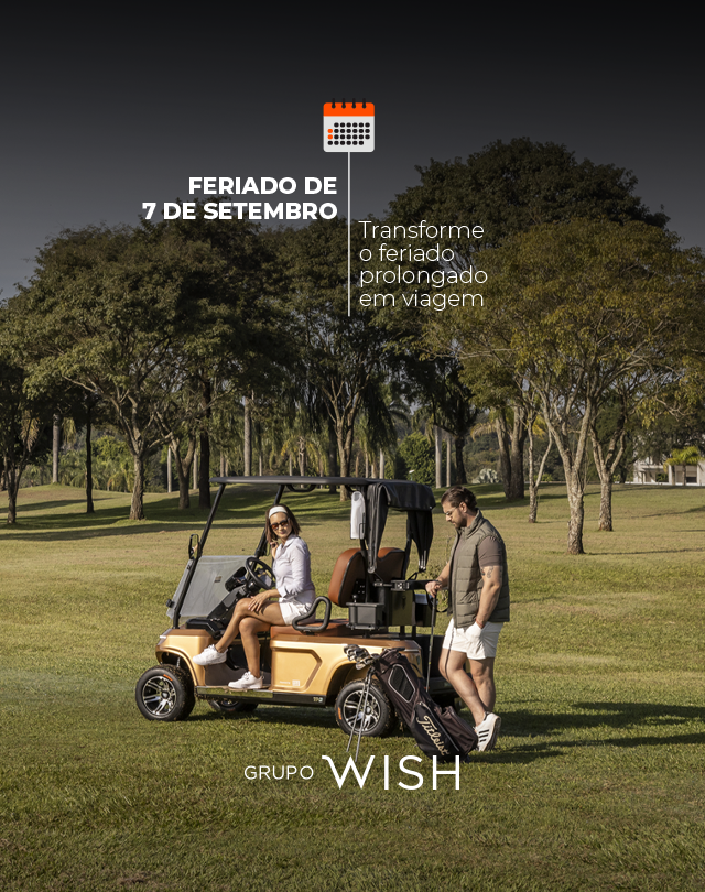 Golfe em parque com carrinho e pessoas; texto “Feriado 7 de setembro” e logo Grupo Wish.