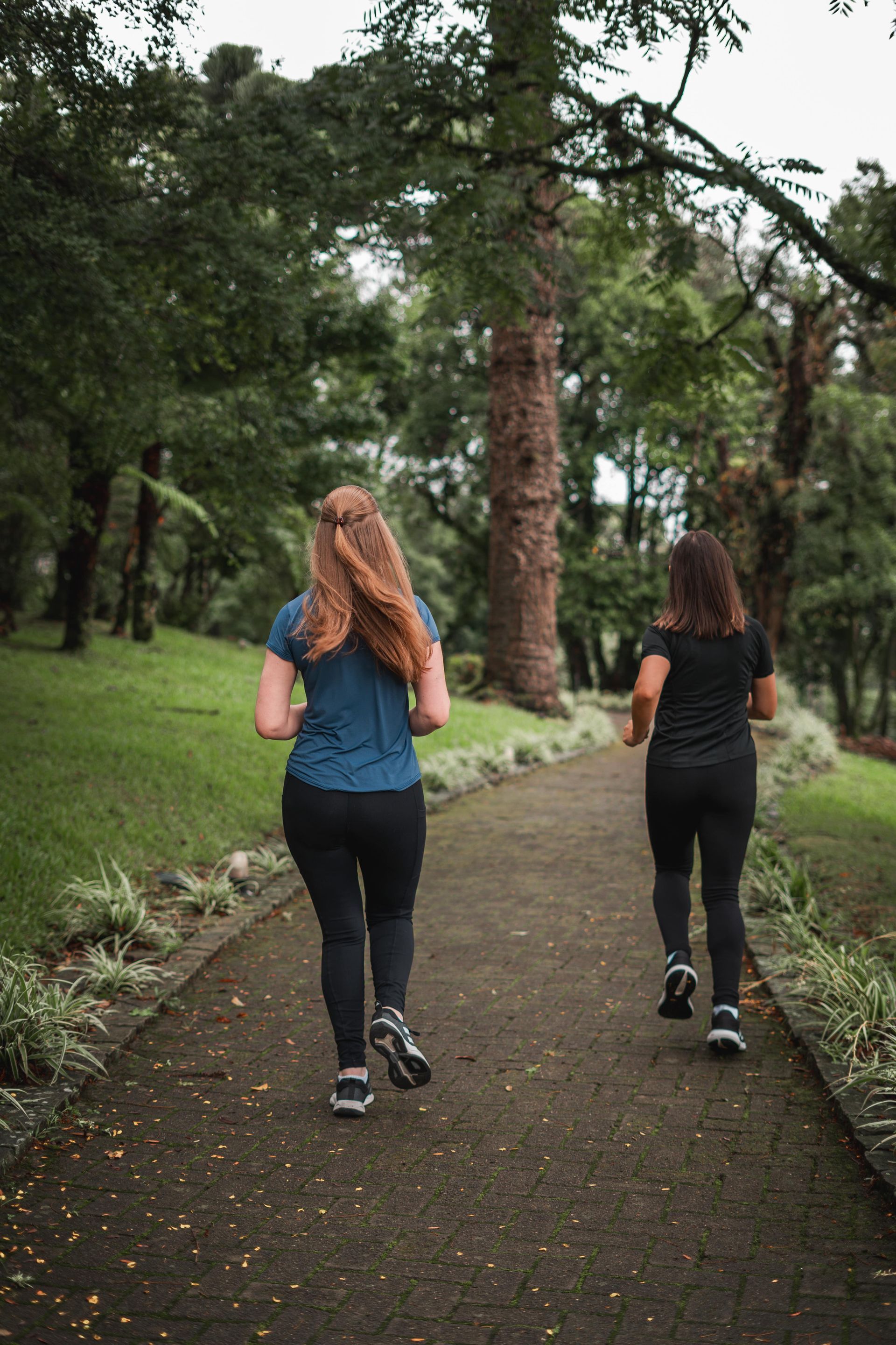 Duas pessoas correndo em uma trilha arborizada de um parque, vistas por trás.