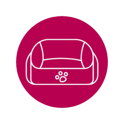 Ícone circular magenta com contorno branco de uma caminha de animal de estimação e pegadas.