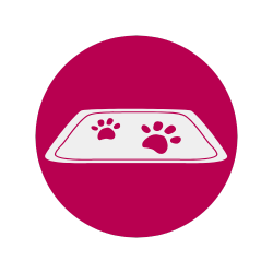 Ícone circular rosa de uma tigela de comida para animais de estimação com pegadas de patas.
