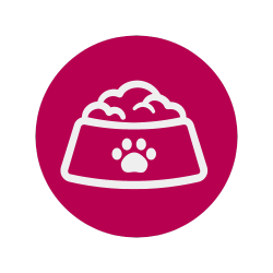 Ícone de tigela de comida para animais de estimação branca com pegada de pata em um fundo circular magenta.
