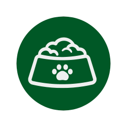 Ícone de tigela de comida para animais de estimação branca com pegada de pata em um fundo circular verde.