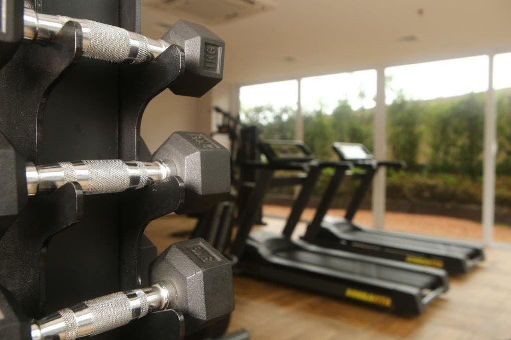 Halteres em primeiro plano, com esteiras e grandes janelas em uma sala de ginástica bem iluminada.
