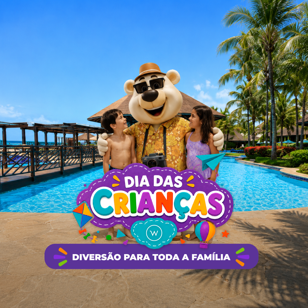 Cartaz colorido de Dia das Crianças com mascote em piscina, casal e texto “Diversão para toda a família”