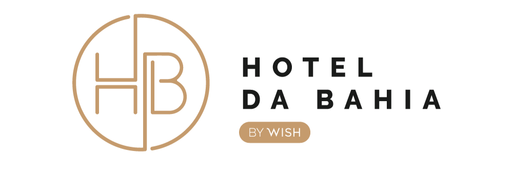 Logotipo do Hotel da Bahia com monograma dourado e texto preto, “by Wish” sobre fundo branco.
