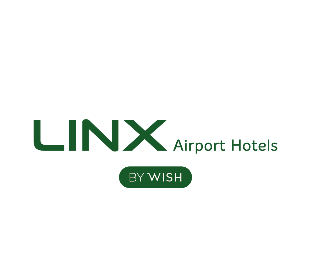 Logotipo da rede LINX Airport Hotels em verde com o selo “By Wish”.