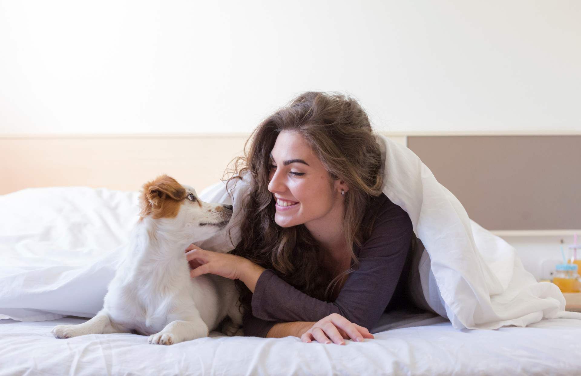Mulher deitada na cama sorrindo para um cachorrinho ao seu lado, sob lençóis brancos.
