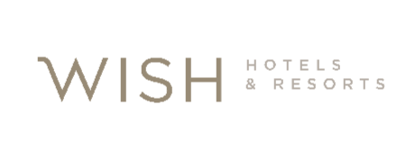 Logotipo da WISH Hotels & Resorts em tons de bege e cinza sobre fundo branco.