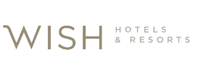 Logotipo da WISH Hotels & Resorts em texto bege e cinza sobre fundo branco.