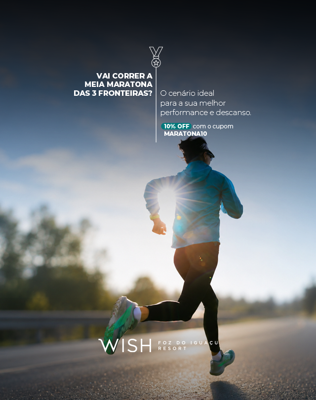 Silhueta de corredor em uma estrada ao pôr do sol com texto do evento em português sobreposto e a marca WISH.