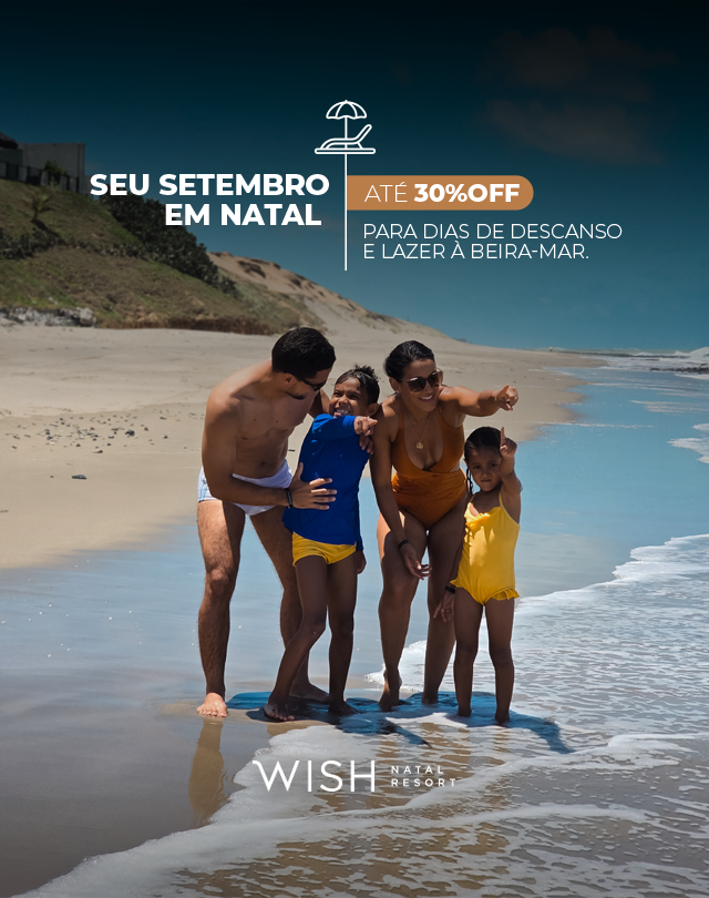 Duas crianças correndo em uma trilha gramada em um resort, com as frases “Wish Week” e “Sunhos 25% de desconto” sobrepostas.