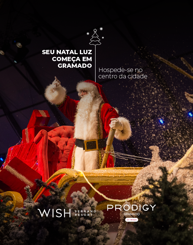 Papai Noel em trenó iluminado em Gramado com texto “Seu Natal Luz começa em Gramado” e “Hospedagem no centro da cidade”