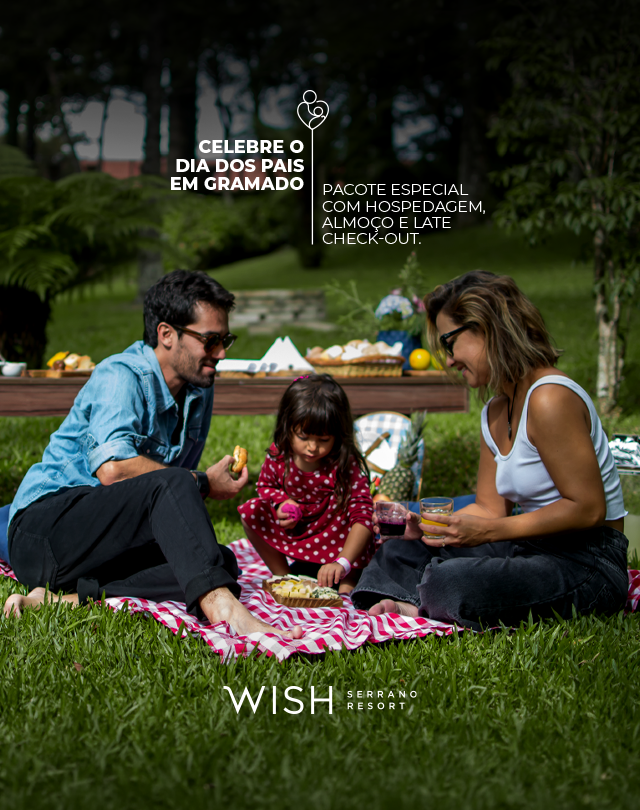 Família sentada em uma manta de piquenique em um parque, com texto do evento sobreposto e o logotipo da WISH.