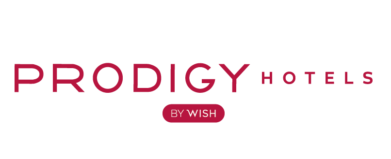 Logotipo da PRODIGY HOTELS em vermelho com a inscrição “BY WISH” sobre fundo branco.