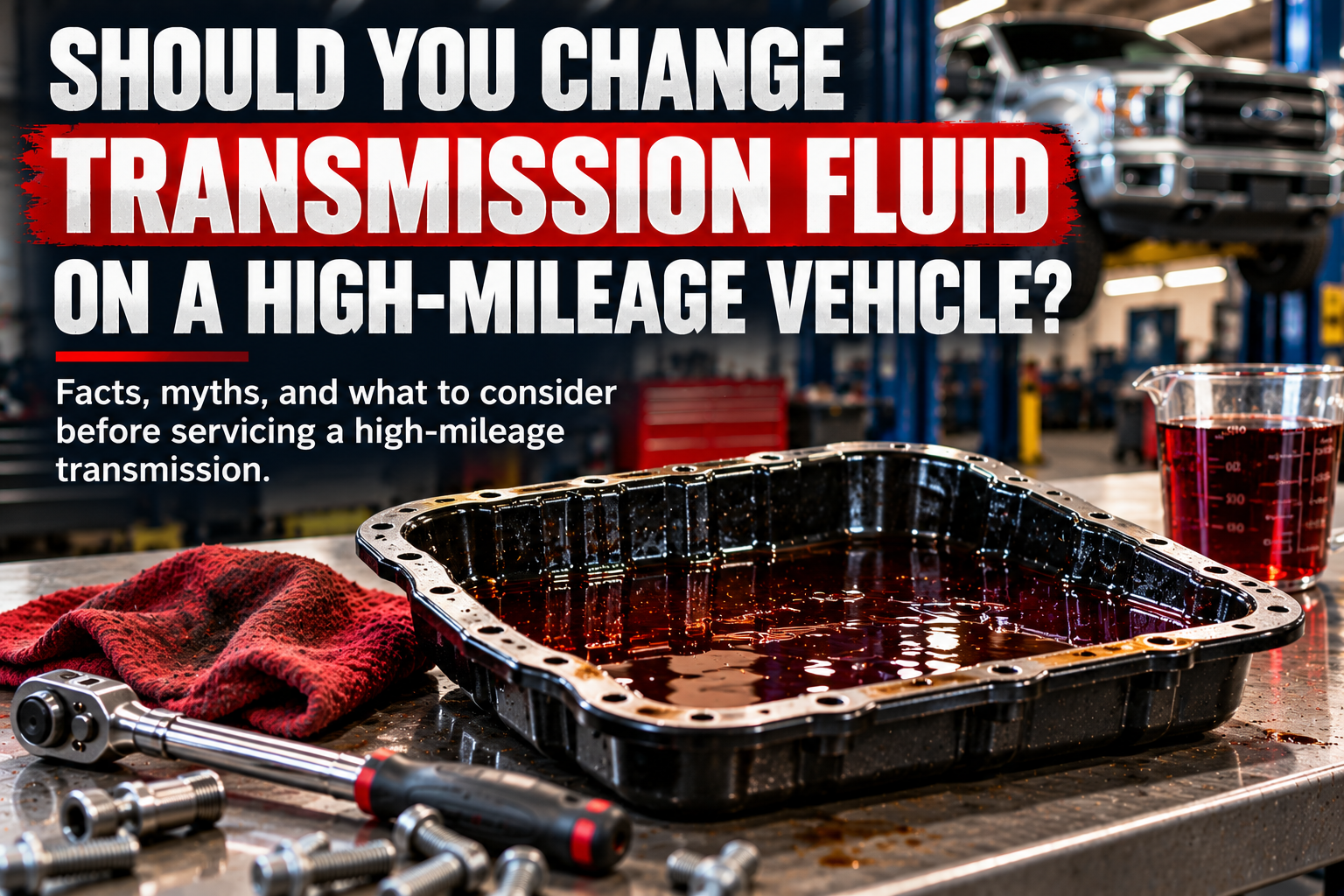 Transmission fluid pan illustrating whether fluid should be changed in a high-mileage vehicle