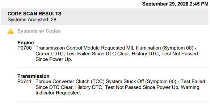 Scan-tool diagnostic trouble code recorded during transmission diagnosis