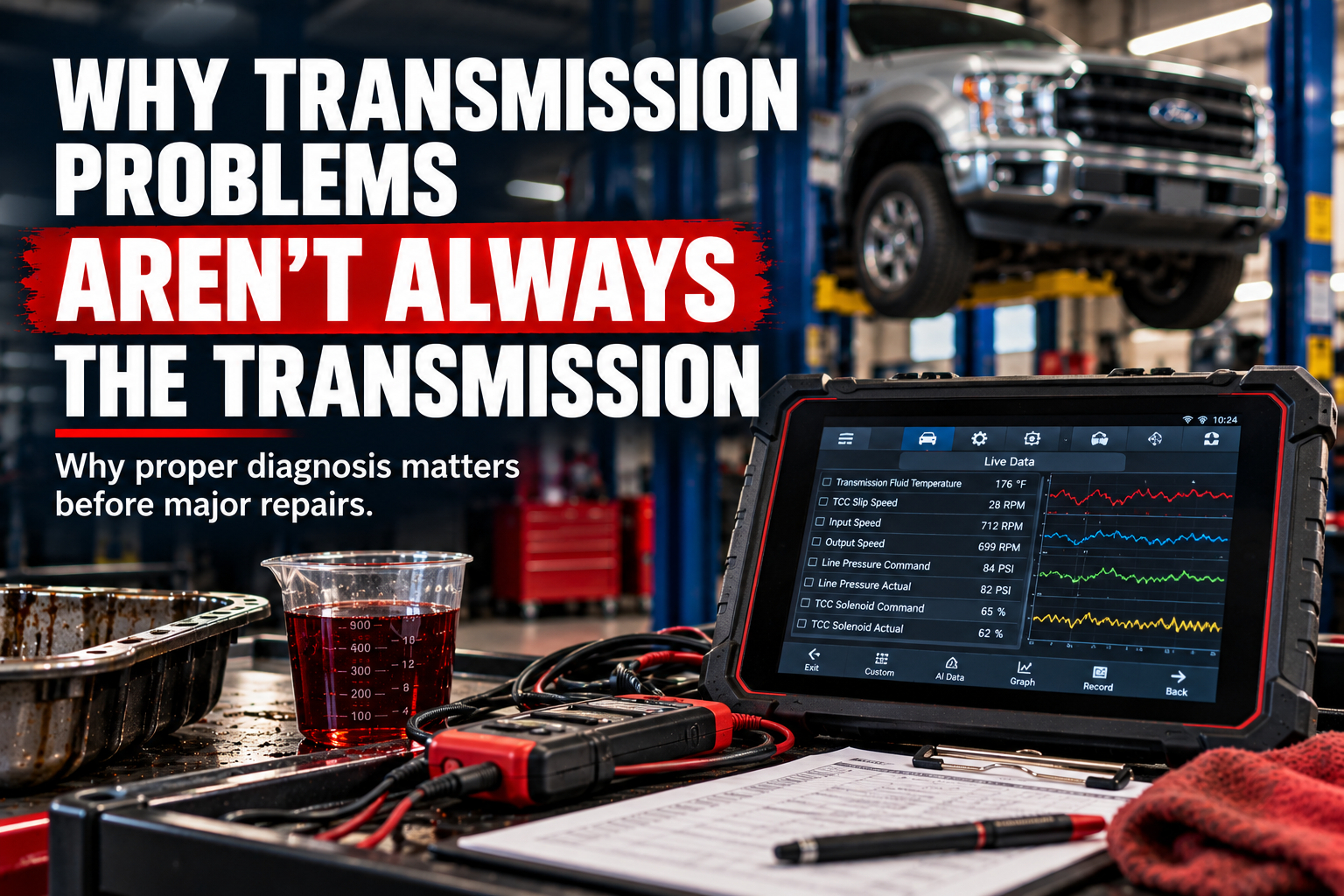 Diagnostic scan tool & testing equipment used to identify the cause of possible transmission problem