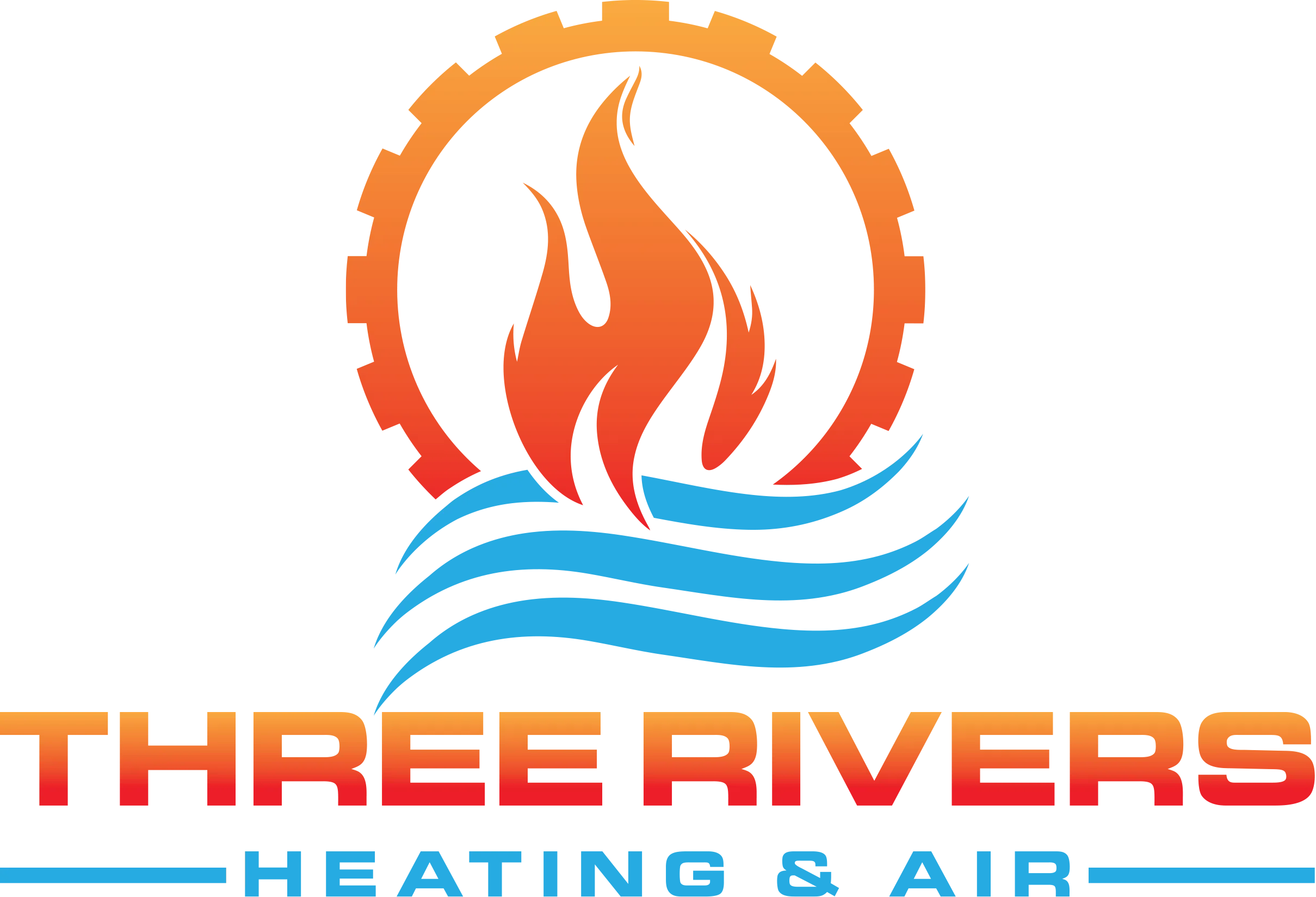 Logo for Three Rivers Heating & Air with red-orange flame and blue wave graphics