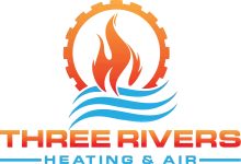 Logo for Three Rivers Heating & Air with red-orange flame and blue wave graphics