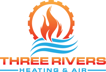 Logo for Three Rivers Heating & Air with red-orange flame and blue wave graphics