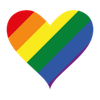 A heart shape filled with the six colors of the LGBTQ+ pride flag in diagonal stripes.