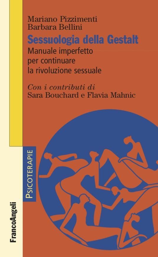 Copertina del libro: sfondo arancione con testo sulla sessuologia della Gestalt e un'illustrazione astratta circolare blu di figure.
