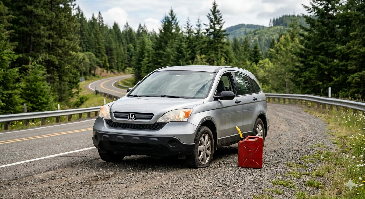 Silver SUV parked on a mountain road beside a red gas can, with forest and winding road in the background