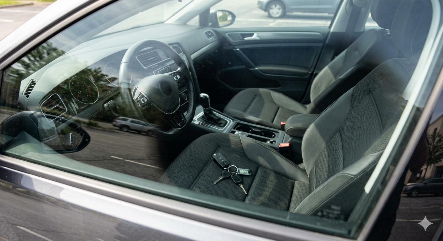 Interior of a parked car seen through the windshield, showing the steering wheel and front seats.