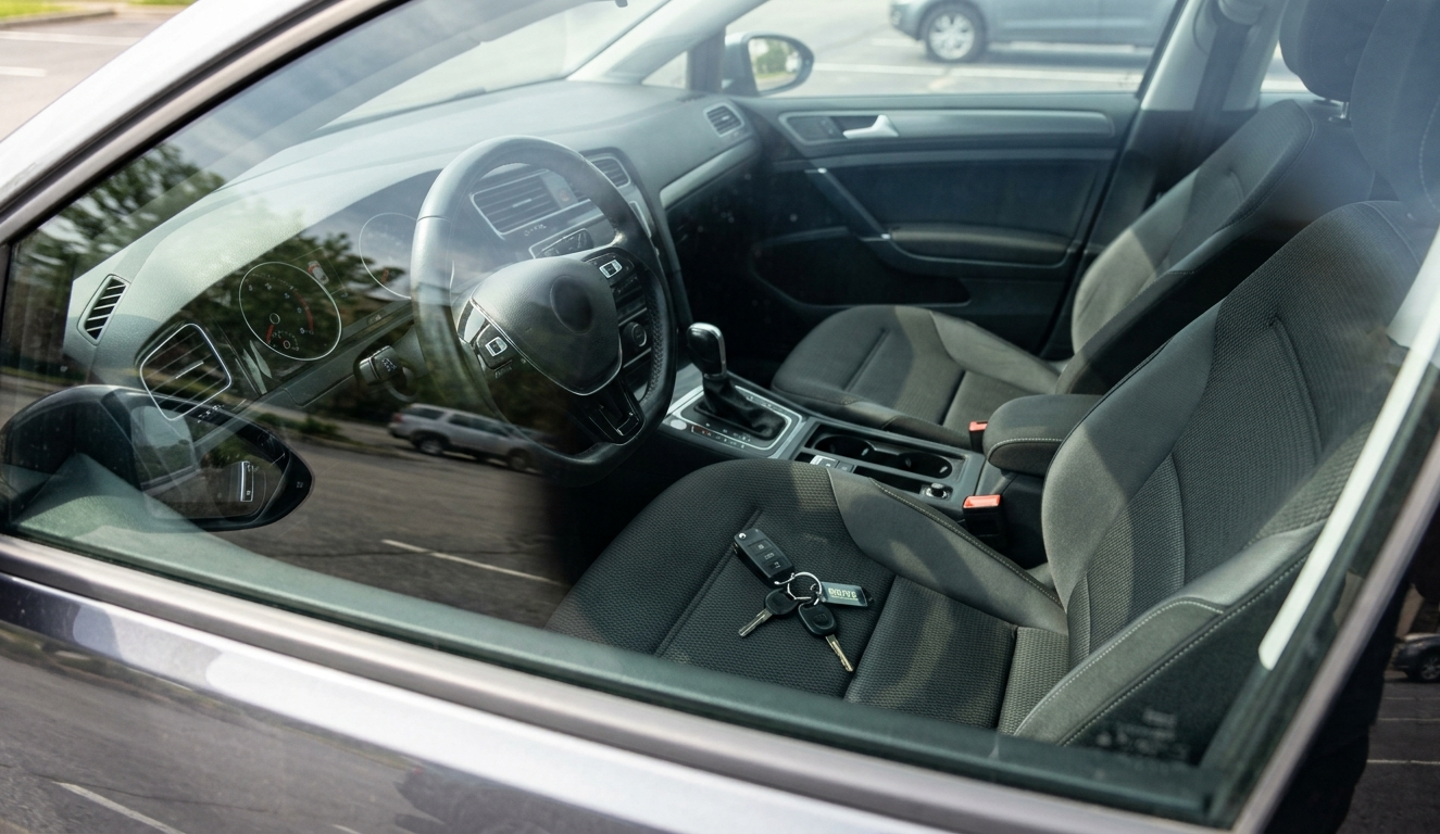 Car interior with black seats, steering wheel, and center console, viewed through the windshield.