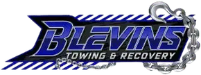 Blevins Towing & Recovery logo in blue and silver with a chain graphic