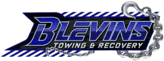 Blevins Towing & Recovery logo in blue and silver with a chain graphic