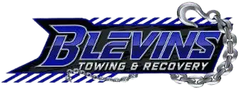 Blevins Towing & Recovery logo in blue and silver with a chain graphic