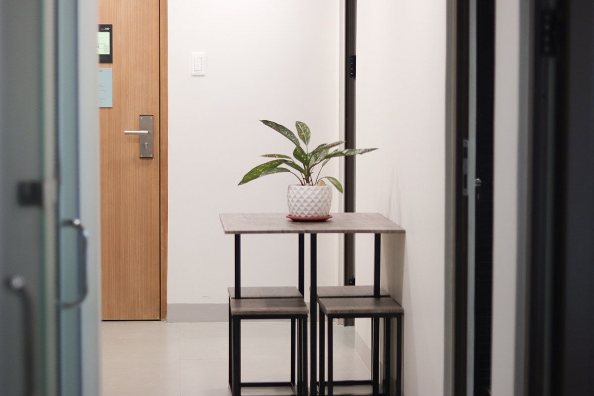 The Grid in Makati: A potted plant is sitting on a table in a hallway next to a door.