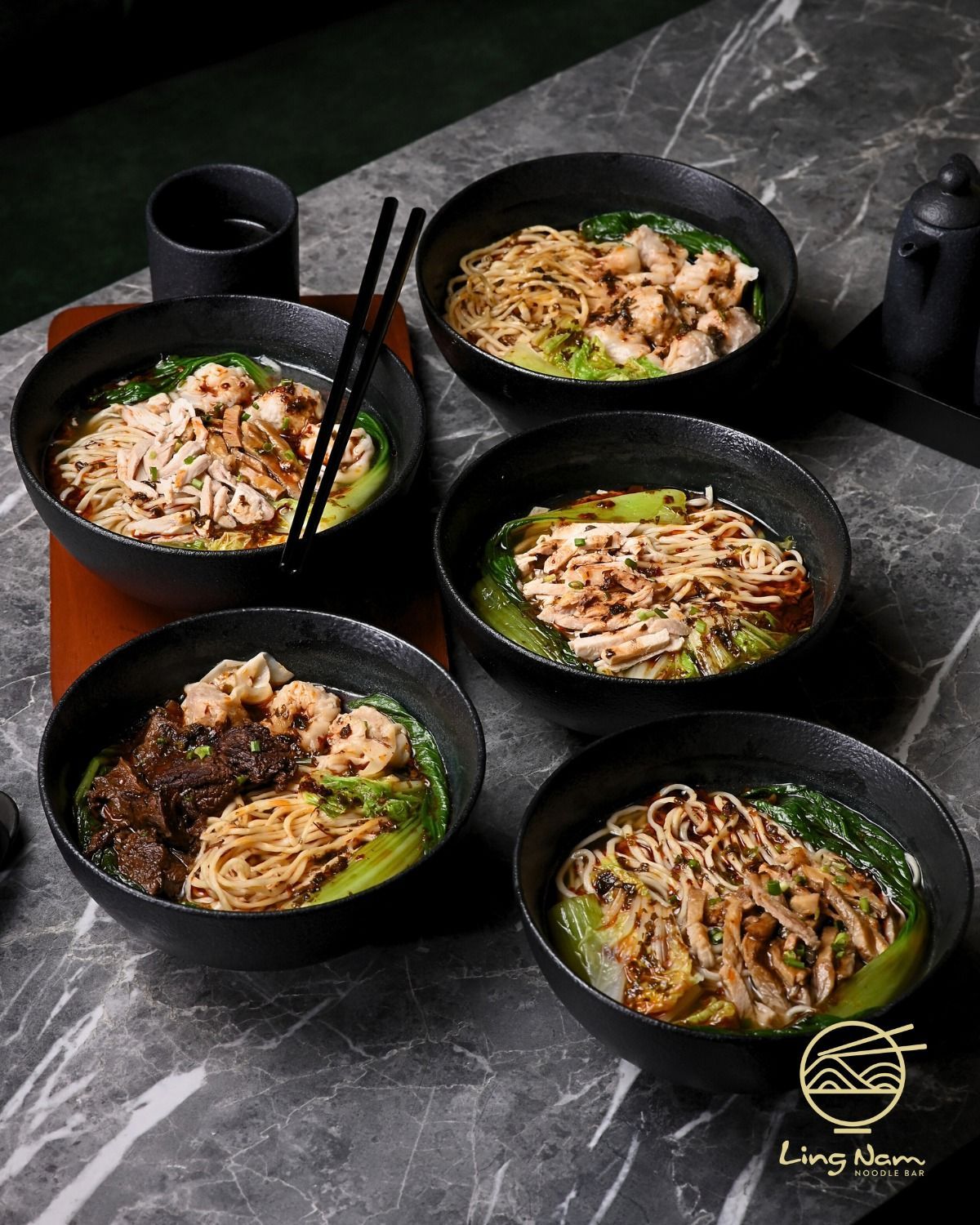 Ling Nam Noodle Bar assorted noodle bowls with bok choy and toppings