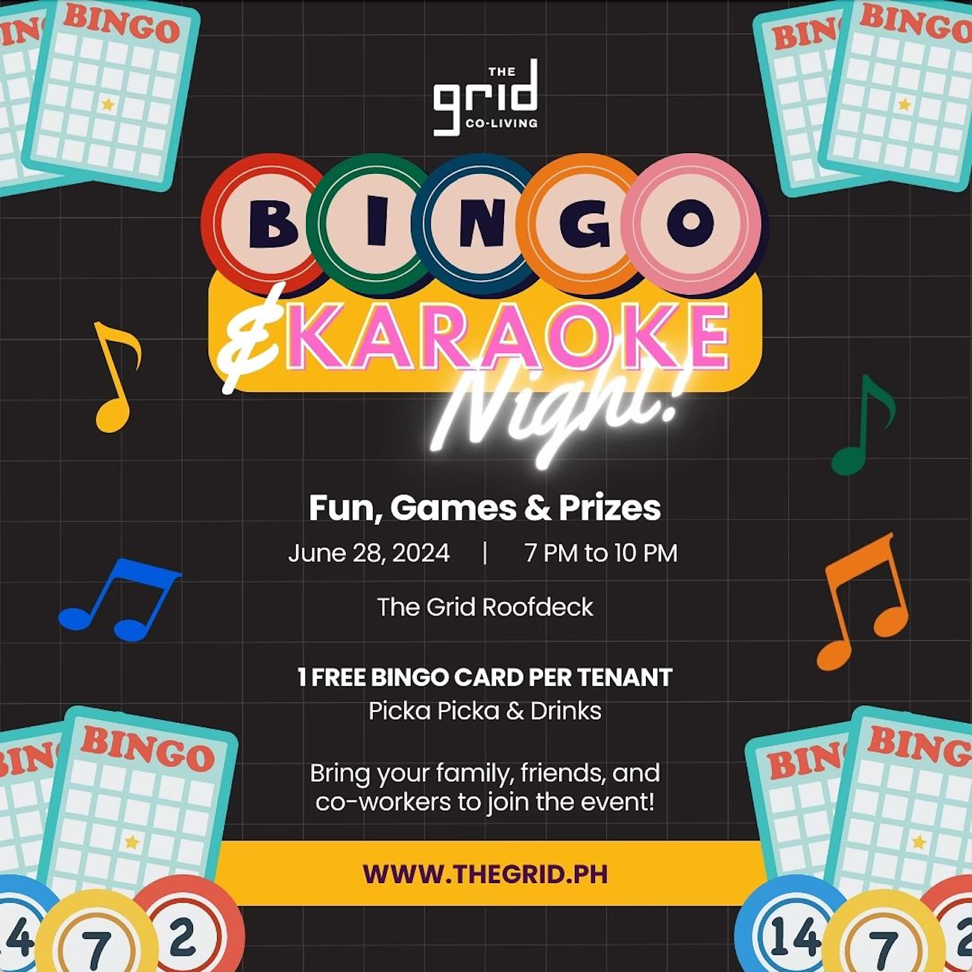 An advertisement for a bingo and karaoke night at The Grid in Makati