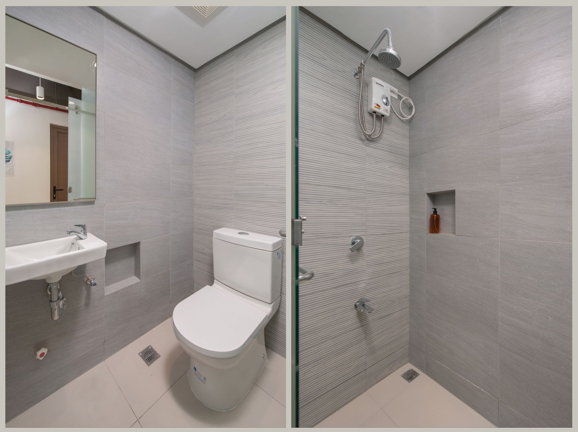 Single Unit at The Grid in Makati. A clean bathroom with a toilet , sink and hot and cold shower.