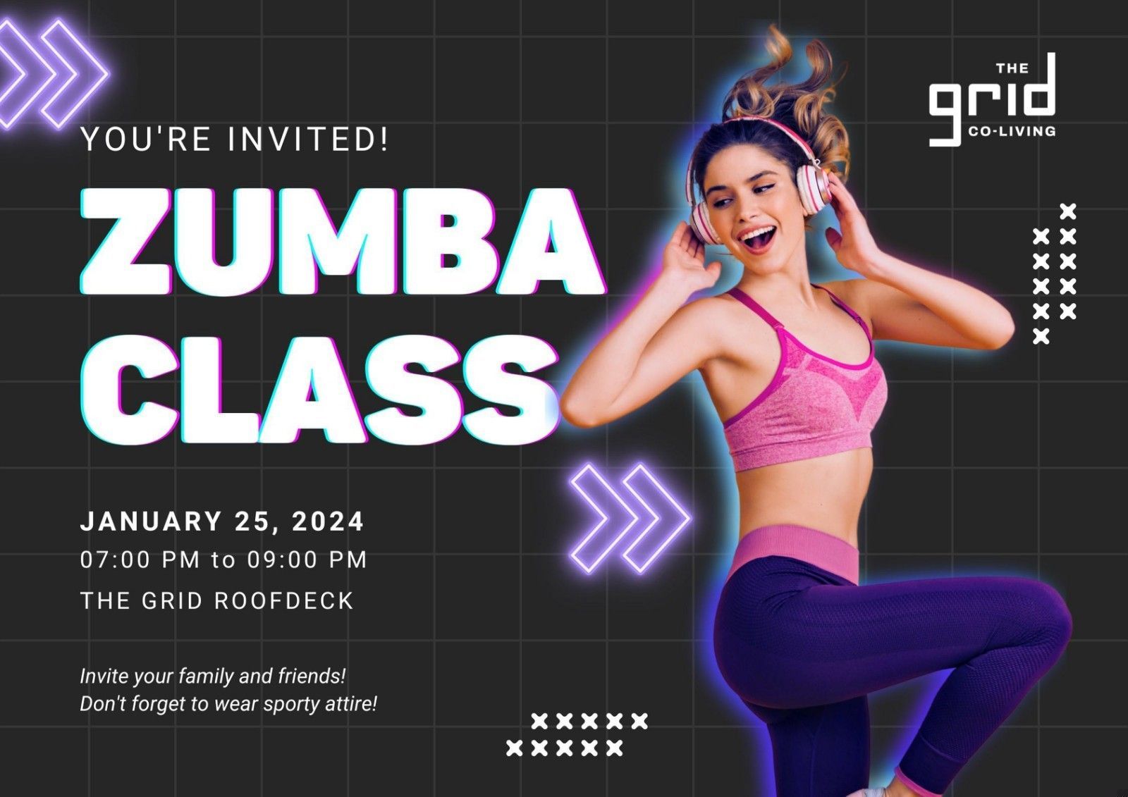 An advertisement for a Zumba class with a woman wearing headphones at the Grid in Makati.