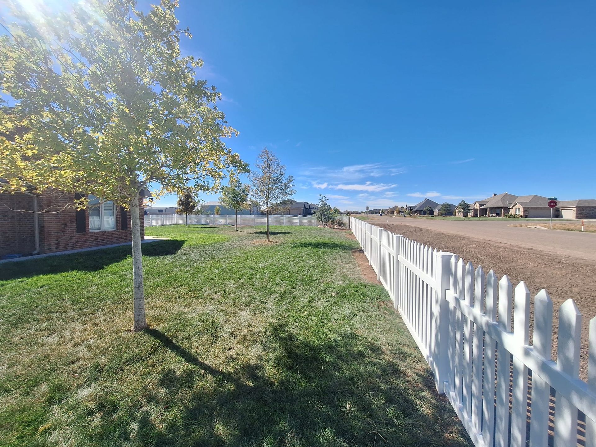 White picket fence borders a green yard with small trees, houses in the distance, bright blue sky.