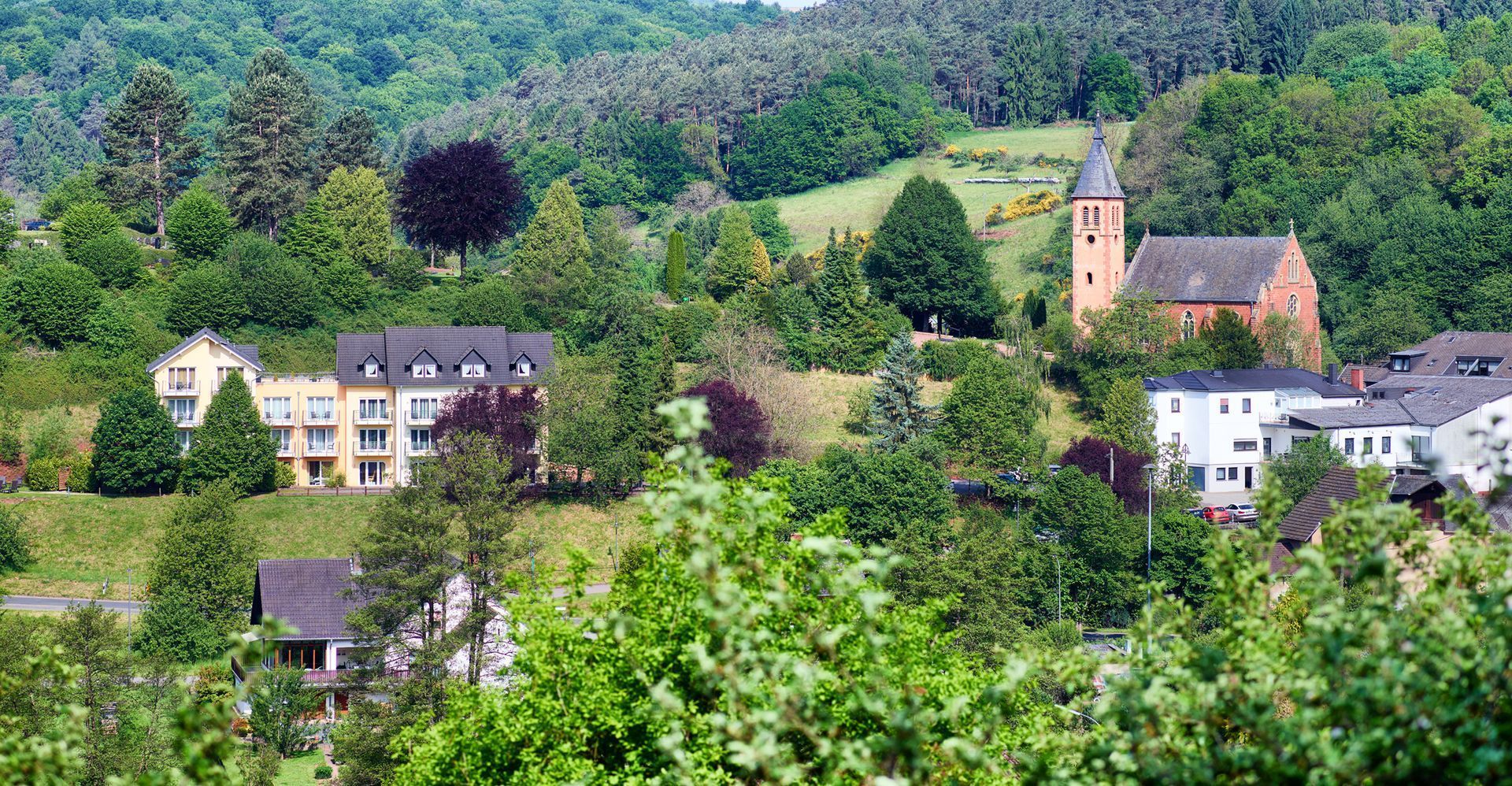 Ein Dorf am Hang mit Häusern, Kirchturm und üppig grünen Bäumen unterhalb eines bewaldeten Berges.