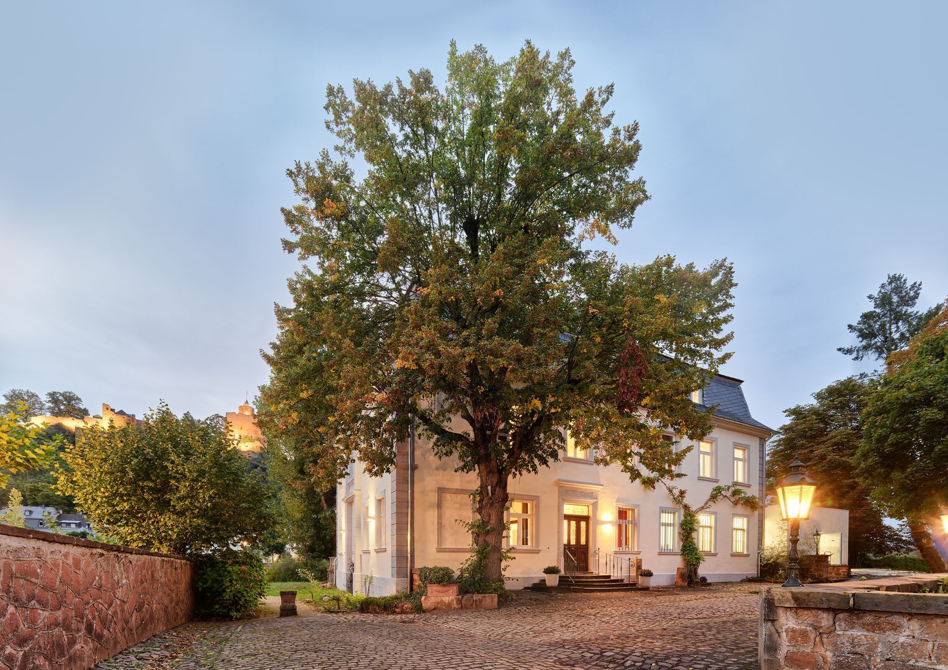 Ein beleuchtetes Haus mit großen Bäumen und einer gepflasterten Auffahrt in der Abenddämmerung