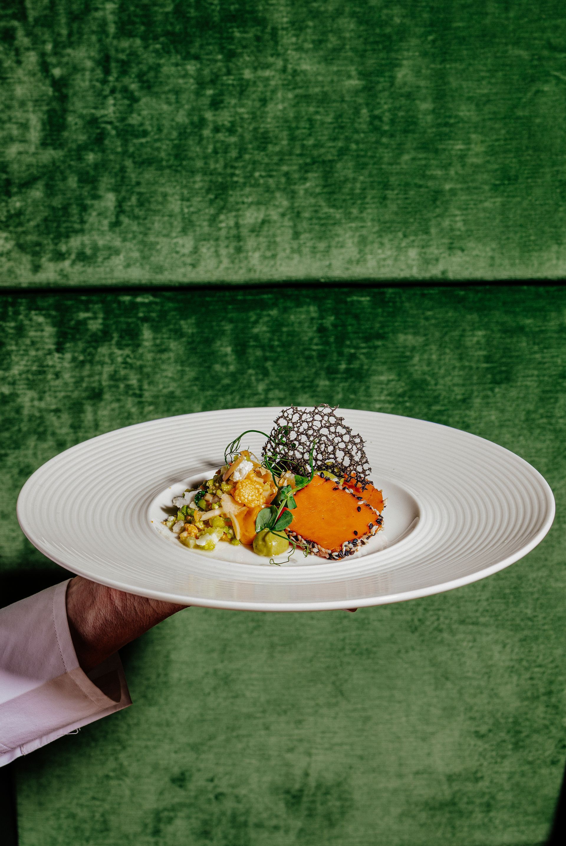 Weißer Teller mit einem kunstvoll angerichteten Gourmetgericht vor einer grünen, strukturierten Wand