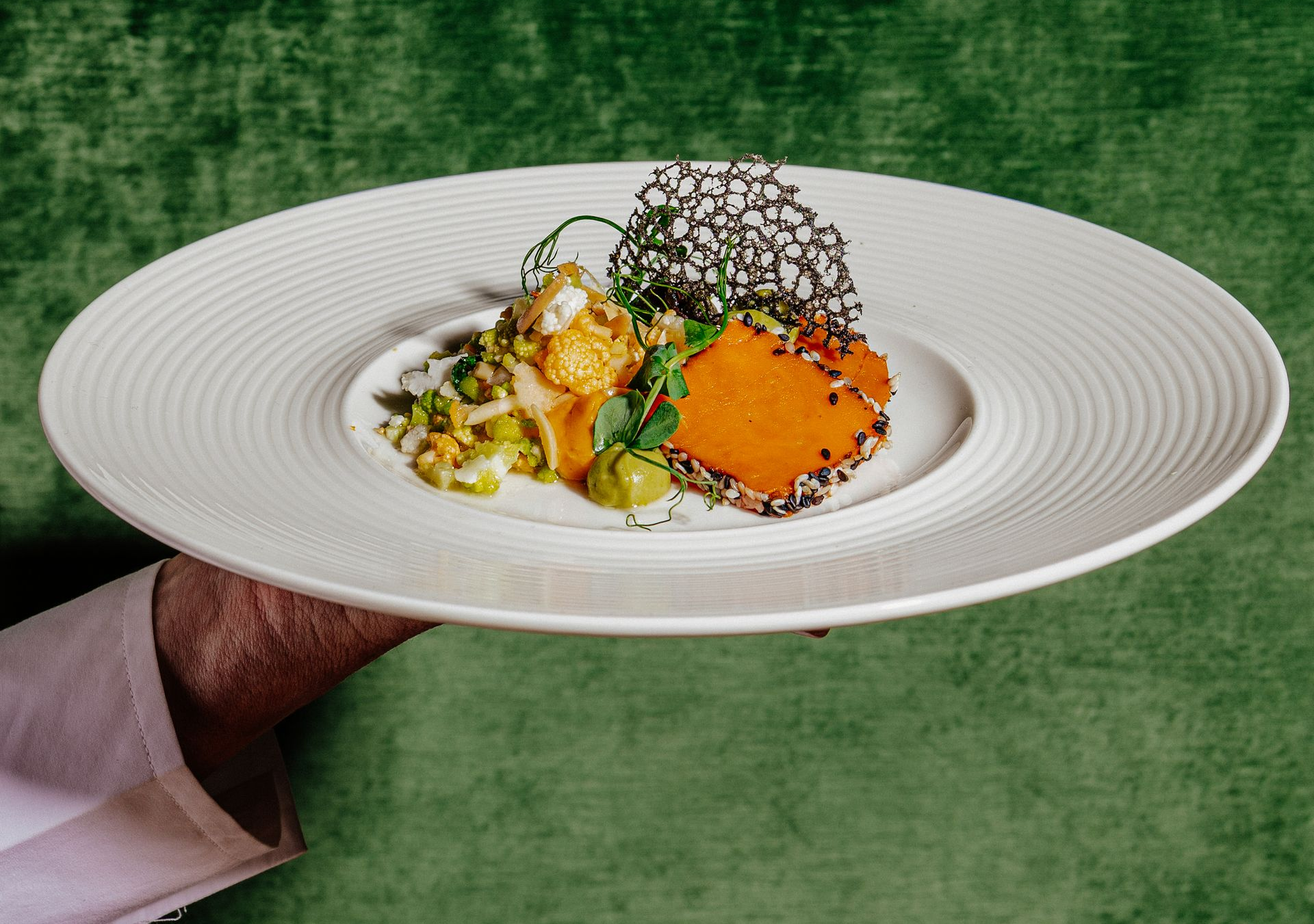 Hand hält einen weißen Teller mit einem Gourmetgericht und Orangensauce vor grünem Hintergrund